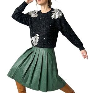 Vtg 80s 90s black metallic silver beaded sequin leaf applique batwing sweater S
